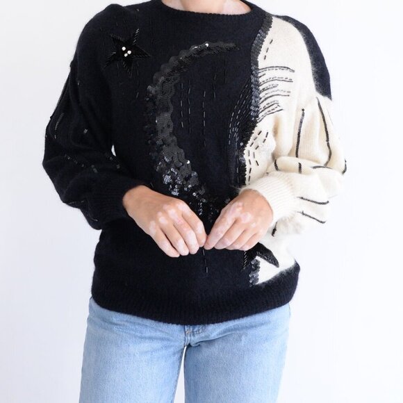 Vintage Escada Black Cream Colour Blocked Sequin Fine Knit Bat Wing Sweater M - Picture 2 of 11